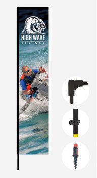 Dimensiones (mm): 880x2.380, 880x3.350, 880x4.030 Impresión por sublimación, tela bandera 117 grs. con banda elástica protectora soporte en aluminio y fibra de carbono, resistente al viento, funda protectora.