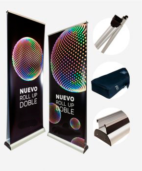 Roll Up Doble Cara Dimensiones (cm):85x200 Estructura de aluminio Impresión digital cada gráfica (CMYK 4/0) Impresión gráfica en polipropileno o lona frontlit 510 gr.
